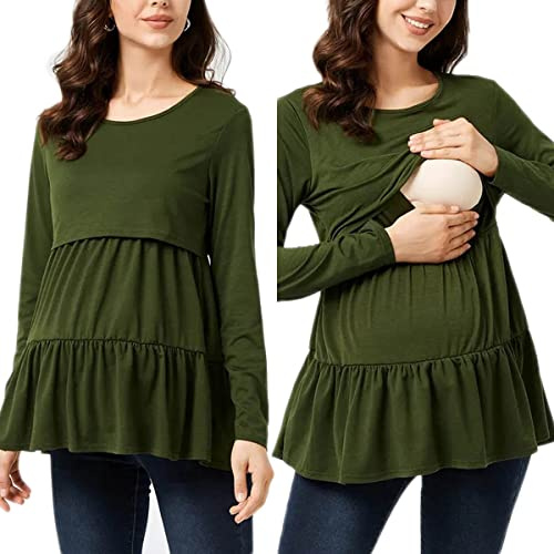 Buliezy Tops de Enfermería Manga Larga Camiseta de Lactancia para Mujer en Capas de diseño Camisas de Lactancia Materna Cuello Redondo Verde Blusa de Mujer Primavera/otoño,XXL
