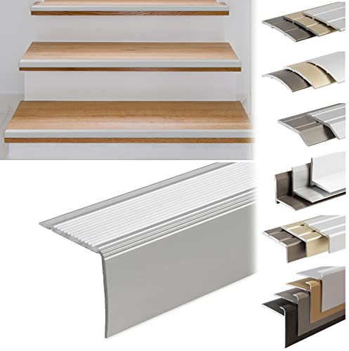 KARAT Treppenkantenprofil in L-Form aus Aluminium 1 Stück, 90x3x3,5cm | Vorgebohrt | Silber für Parkett und Laminat | Inkl. Montagematerial Stufenkantenprofil in 3 Längen & 4 Farben Integral