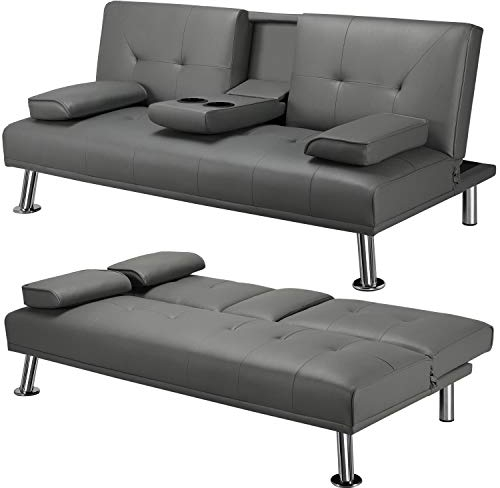 Yaheetech 3er-Sofa Schlafsofa Couch mit Tassenhalter Gästebett, Rückenlehne neigbar 105°/140°/180°, 167 x 81,5 x 75 cm, 350 KG belastbar, grau Kunstleder