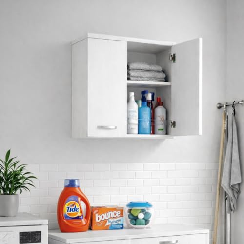 Linea Azzurra Pensile Bagno Sospeso Milleidee a Due Ante in Legno Made in Italy 71x38x77cm Bianco Frasinato Mobile Salvaspazio Stretto per Bagno, Ufficio, Soggiorno