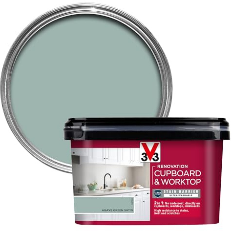 V33 Renovation Cupboard & Worktop Paint - No Undercoat Needed - High Resistance To Water Stains & Scratches - Ultra Washable - Agave Green Satin 2L