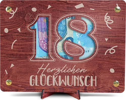 Geldgeschenke Geburtstag 18 - XL Geldgeschenk aus Holz inkl. Ständer | 18. Geburtstag Mädchen, 18. Geburtstag Junge, 18. Geburtstag Geldgeschenk, Geburtstagskarte 18, 18 Geburtstag Deko