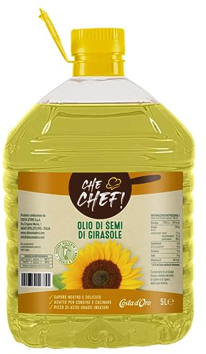 Costa d’Oro – Che Chef Girasole Linoleico 5L. Ottenuto dalla spremitura di semi di Girasole Linoleico, è un olio che rimane neutro e delicato in tutte le sue tipologie di uso. Bottiglia PET 5L.