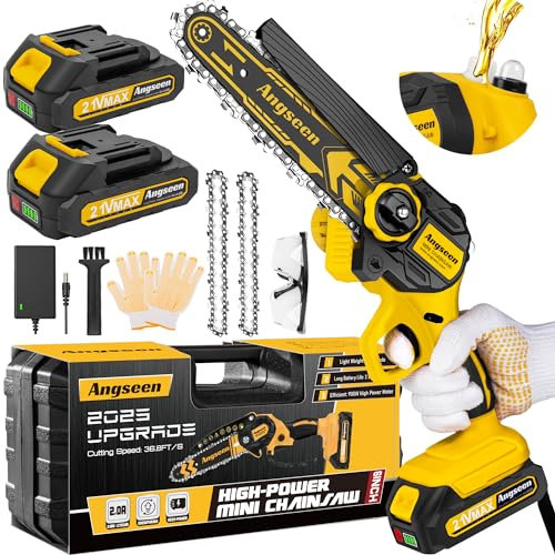 Mini tronçonneuse électrique sans fil de 15,2 cm, alimentée par batterie avec régulateur de chaîne automatique et huileur automatique, super batterie 800 W avec 2 batteries et 2 chaînes - Mise à