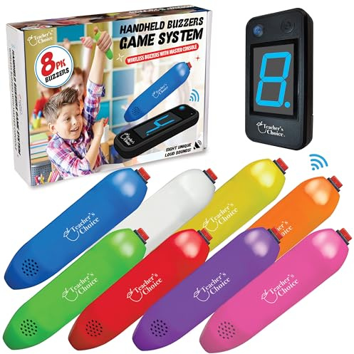 Teacher's Choice 8 Player Wireless Handheld Game Buzzer System - Displays First Buzz-in - Great for Jeopardy, Family Feud, Trivia and Buzzer Games - Console with 8 Joystick Buzzers, 8 Unique Sounds