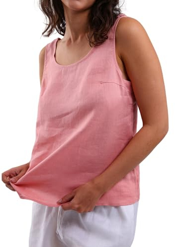 Amazhiyu Pure Linen Tank Tops, Summer Sleeveless Linen Vest Tops, Casual Crewneck Blouse Loose Fit 100% Linen Pink Small