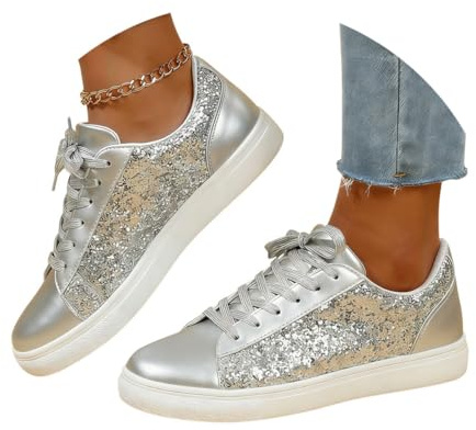 Minetom Damen Pailletten Sneaker Glitzer Schuhe Flache Low Outdoor Laufschuhe Schnürsenkel Walkingschuhe Sportschuhe B Silber 39 EU