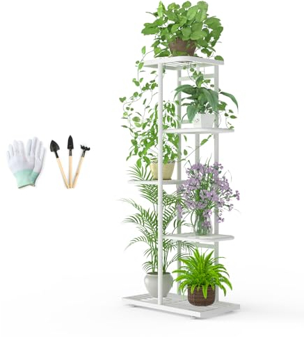 MAIJIAJU Supporto per fiori a 5 ripiani, bianco con attrezzi da giardino e guanti, altezza 95 cm, in metallo, per interni ed esterni, a più piani, per giardino, balcone