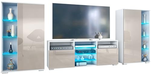 Vladon Wohnwand Davos, Anbauwand bestehend aus 2 Vitrinen und 1 TV-Board, Weiß matt/Sandgrau Hochglanz inkl. LED-Beleuchtung (329 x 134 x 35 cm)