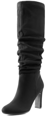 DREAM PAIRS Women's Knee-High Boots, Comfortable Chunky Block Heel Pointed Toe Pull On Side Zipper Suede Slouch Riding Boots,Size 8,Black-Suede,SDKB2414W