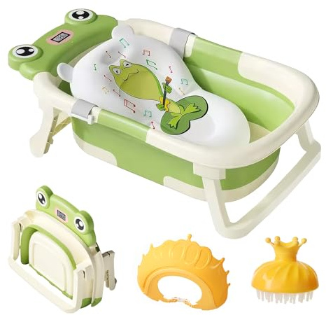 MINGPINHUIUS Bañera con cojín para bañera, plegable, con termómetro integrado, gorro de ducha, bañera para bebés y niños de 0 a 36 meses (verde)