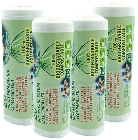 4 rollos de 20 bolsas de basura (80 bolsas) biodegradable y compostable, 10 L. de capacidad