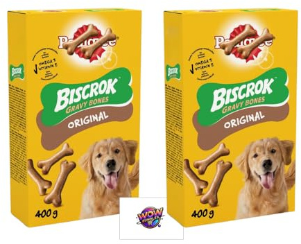 WOW Bundles Bundle of 2 Biscrok Gravy Bones 400g Crunchy Dog Biscuits with Delicious Gravy Coating Supports Strong Bones & Joint Health Ideal for Treating, Training & Rewarding Your Dog