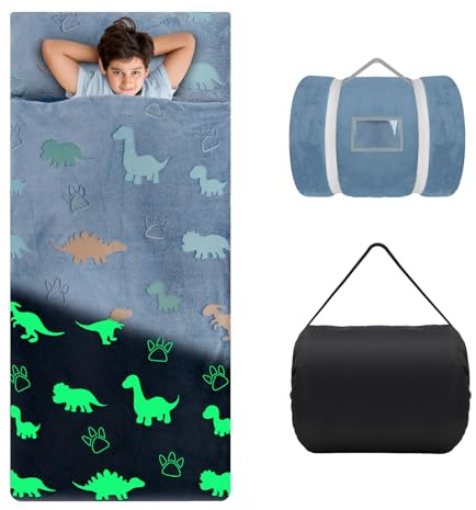 Leuchtendes Schlafsack Kinder Doppelter Reißverschluss Weich Warm, Faltbare Kinderschlafsack mit Kissen Abnehmbar für Mädchen Jungen, Schlafsack für Outdoor Indoor Camping, 170×75cm Dinosaurier Blau