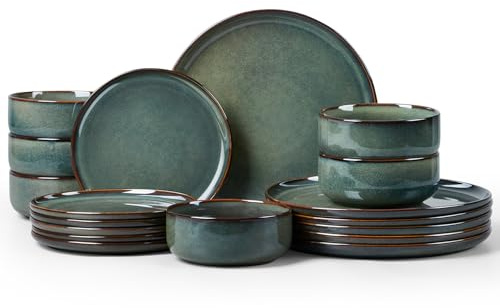 Homikit 18Pcs Dinner Set, Reactive Glaze Stoneware for 6, Desert Khaki | Round Shape Plates and Bowls Set for Kitchen Home Dinner Party, Non-Toxic & Scratch Resistant, Microwave and Dishwasher Safe