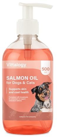 VITTALOGY Olio di salmone per cani e gatti. Integratore naturale ricco di Omega 3 EPA e DHA. Antinfiammatorio. Migliora pelle, capelli e articolazioni rafforza l'immunità e la salute cardiovascolare