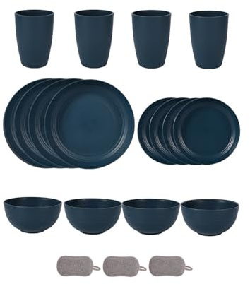 Set di Posate in Plastica Ciotole Piatti e Bicchieri Infrangibili Posate da Picnic Riutilizzabili Adatto a Microonde e Lavastoviglie Adatto Per Feste di Compleanno Campeggio (Blu scuro, Set da 16)