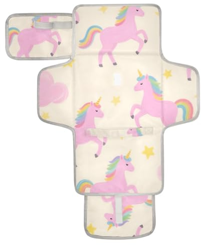 Wiederverwendbare Wickelunterlage mit niedlichem Cartoon-Motiv, rosa Regenbogen-Einhörner, Wickelunterlage mit Taschentuchtasche, wasserdichte Wickelunterlage für Babys, Kleinkinder, Reisestation, Kit