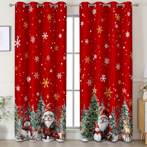 cusugbaso Christmas Curtains 96 Inches Long, Red Santa Living Room Blackout Curtains Room Darkening, Light Blocking Thermal Insulated Xmas Snowflake Drapes Grommet for Bedroom Bathroom, 2 Panels