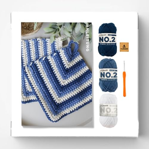 myboshi Häkelset Topflappen Tonami, inkl. No.2 Wolle, Nadel und Anleitung, Häkelpaket 85% Baumwolle, 15% Kapok Blau mit Häkelnadel