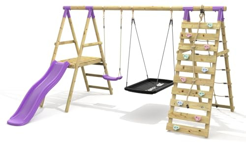 Rebo® Wooden Swing Set with Deck and Slide plus Up and Over Climbing Wall - Quartz Purple | Children Climbing Frame | OutdoorToys | Kids Garden Furniture | Soft Feel Ropes, Sturdy Construction