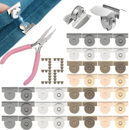 33 Stück Magnetknöpfe Ohne Nähen Set, aus 32 Paar Magnetknopf in 4 Klassischen Farben, mit Mini-Flachzange. Magnetverschluss Tasche, für DIY-Projekte Wie Taschenverschlüsse und Kleidungsverzierungen