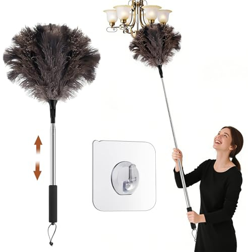XTUDOU®2 Stück Teleskop Straußenfedern Staubwedel 116cm, Waschbar Anti-Statik Ausziehbarer Duster, Flauschige Fatürliche Echte Federn für Hochflächen, Deckenventilator, Möbel(Schwarz)
