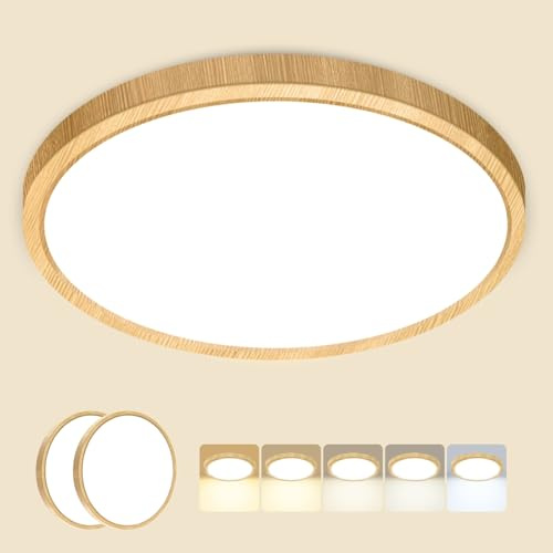 Peasur 2Stück Deckenlampe LED Deckenleuchte Flach,5Farben-3000/3500/4000/5000/6500K,Wasserfest Badezimmer Lampe Decke,18W Modern Rund Lampe für bad flur schlafzimmer Wohnzimmer,30 * 1.6cm Holz
