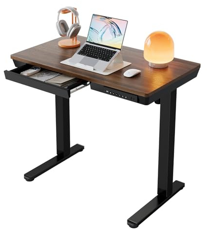 HUANUO Höjdjusterbart skrivbord i svart valnöt med lådor, 120 x 60 cm elektriskt skrivbord, en bit bordsskiva med USB & typ C, stående sits bord för hemmakontor