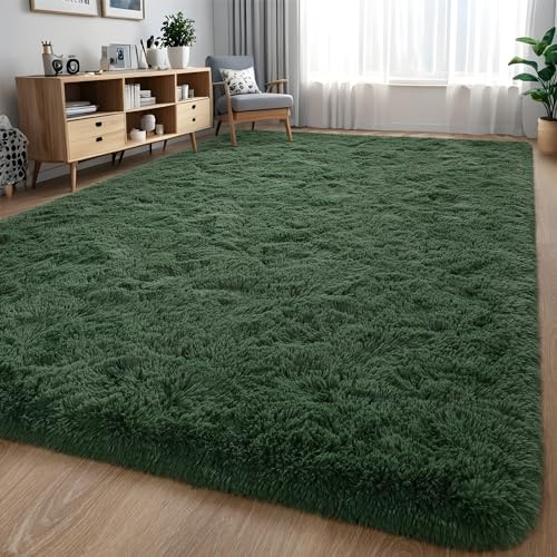 Tappeto ultra morbido, verde scuro, soffice, 10 x 15 cm, per soggiorno e camera da letto, in peluche a pelo alto, non perde pelo, antiscivolo, per interni, decorazione per la casa dei bambini