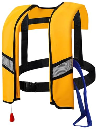 Giubbotto di salvataggio gonfiabile per adulti Giubbotto da nuoto automatico in nylon 150N con fibbia regolabile con strisce riflettenti Fischietto per adulti Bambini Senza bombole di gas Giallo