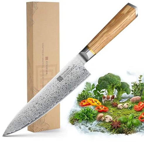 8 Inch Chef Knife, 67-Layer Damascus Steel Kitchen Knives with 10Cr15CoMoV Premium Steel Core, Hybrid Diamond-Oval Olive Wood Handle Japanese Knife, 13° Blade Ultra-Sharp Cooking Knives, Gift fo r Him