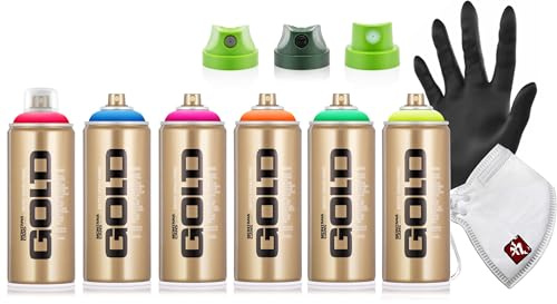 Montana GOLD - Set di bombolette spray da 400 ml, 6 colori, verde neon, rosa, arancione, blu, rosso, giallo, con 3 testine spray, maschera protettiva e guanto in nitrile, per graffiti, street art e