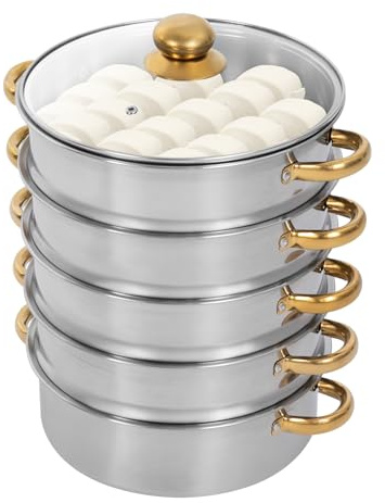 5-Tier Stainless Steel Steamer Cooker for Cooking and Steaming, Stackable Steamer Pot with Clear Lid, Large Capacity for Vegetables Dumplings, Induction Hob Compatible, for Family of 4-6 (5-Tier gold(11.81 in))