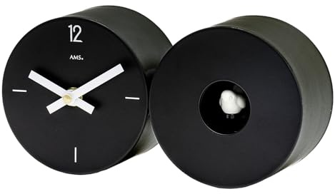 AMS T1310, Tisch- und Wanduhr, Modernes Design mit Kuckucksruf, Metallgehäuse schwarz, Maße: 24 x 12 x 9 cm (Schwarz)