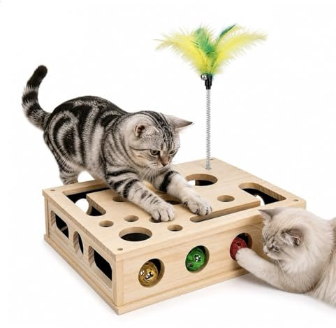 Giocattolo per gatti, giocattolo interattivo, puzzle per gatti, giocattolo intelligente, giocattolo per gatti, puzzle tiragraffi in legno con 3 palline e pesca per gatti, tavola per gatti