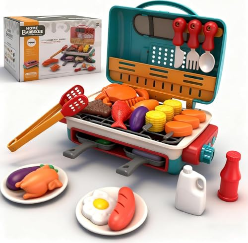 CATCHLUCK Kids BBQ Toy Grill Set, Play Kitchen Set with Spray Sound & Color Changing Food, Role Play Learning Toys for Toddlers Girls Boys