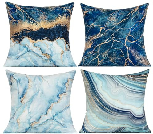 VAKADO Kissenbezug 45x45 cm Kissen Kissenbezüge Kissenhülle blau sofakissen deko Kissen Marmor Samtkissen Dunkelblau Golden Couchkissen Dekorative 4er-Set für Wohnzimmer Terrassenmöbel Auto Büro