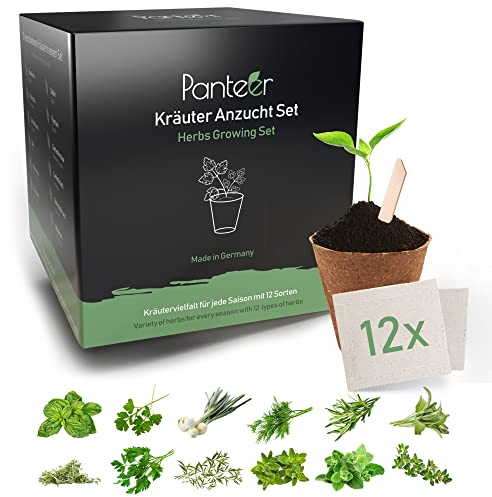 Panteer ® Anzuchtset Kräutersamen - 12er Set - Kräutergarten & Küchenkräuter - Saatgut - MADE IN GERMANY - Garten Zubehör