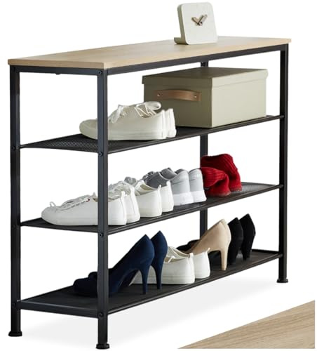tectake® Schuhregal schmal mit Ablagefläche, Schuhbank 4 Ebenen, 3 Gitterablagen, Schuhregal platzsparend 100 x 30,5 x 72,5 cm, Flur Regal, Schuhschrank, Garderobe (Industrial Holz hell, Eiche Sonoma)