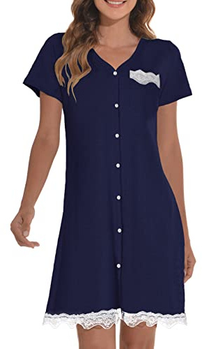 UMIPUBO Camicia da Notte Donna Estivo Manica Corta Cotone Pigiama Scollo a V Vestito da Notte con Bottoni Pizzo Comoda Casual Camici Notte Vestaglia Pigiami per Casa(Blu Navy, L)
