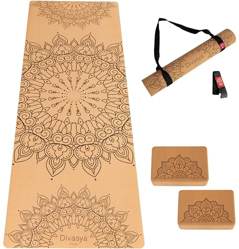 DIVASYA Premium Yogamatte Kork rutschfest: Starter-SET mit 2 Blöcken, Naturkautschuk rutschfest & Kork, großzügige Maße (183x66x0,4cm), Yoga Matte Kork rutschfest, Tragegurt, schadstofffrei