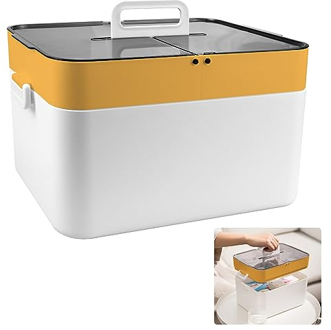 Kleemeiero Aufbewahrungsboxen mit Deckel Medizinschrank Gross Doppellagiger Erste Hilfe Box Hausapothekenschrank Medizinbox Groß Medizinkoffer Hausapotheke Box mit Tragegriff, 28.5x21x21cm (Gelbe)