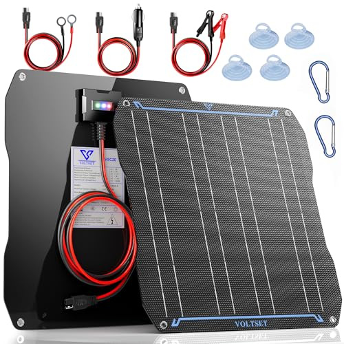 Voltset Chargeur de batterie de voiture à panneau solaire de 20 W, 12 V, ETFE, portable, étanche, chargeur de batterie de maintenance et de maintenance pour voiture, bateau, camping-car et moto
