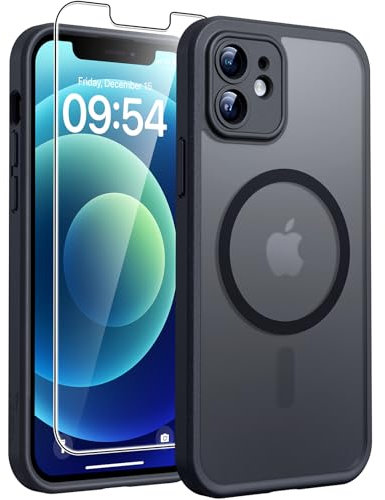 TOCOL für iPhone 12 Hülle für Magsafe, Vollständiger Kameraschutz Stoßfest Kratzfest Transluzente Rückseite Magnetisch Handyhülle für iPhone 12 Case, Schwarz