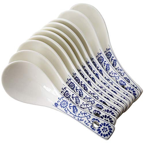 OWOHYG Juego de cucharas soperas de cerámica de Porcelana Azul y Blanca pintadas a Mano, Juego de 10 cucharas soperas para el hogar, Cuchara sopera de 5,3 Pulgadas de Largo