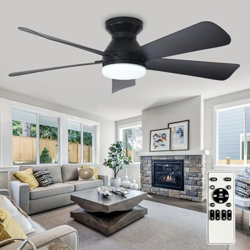 Depuley Modern Ceiling Fan with Light: 42-Inch Black Small Fans for Bedroom Indoor Outdoor - Dimmable Flush Mount Low Profile Ceiling Fans with Remote Control 5 Reversible Black Blades 6 Speeds Timer