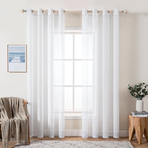 MIULEE Leinenoptik Voile Vorhänge Ösen 2er Weiß 140x235cm | Transparente Voile Vorhänge mit Leinenoptik & Ösen, lichtdurchlässig, modern dekorativ für Wohnzimmer und Schlafzimmer