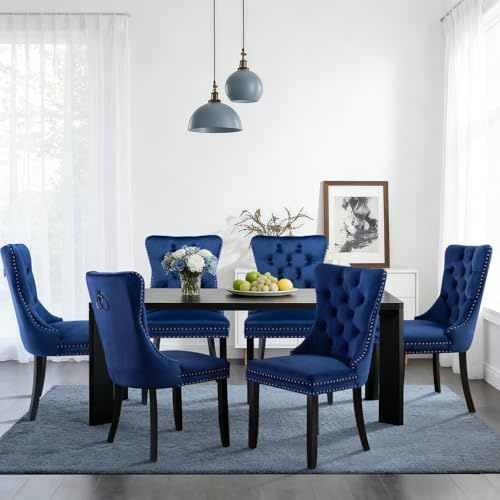 SoarFlash Esszimmerstühle mit gepolstertem Flügelrücken, blau, 6er Set | Weicher Samtbezug, Tufting, Nietenbesatz, Rückenring, Holzbeine. Ideal für Esszimmer, Wohnzimmer, Innendekoration.