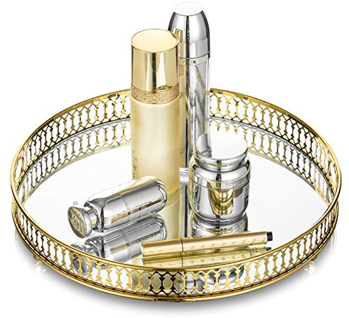 NUPTIO Parfüm-Tablett verspiegelt goldfarben: Dekoratives Tischtablett Glas-Organizer Metall Rund verspiegelt Vintage-Makeup-Tablett Schmuck Servieren Schlafzimmer Badezimmer Schminktisch Raum, 32cm